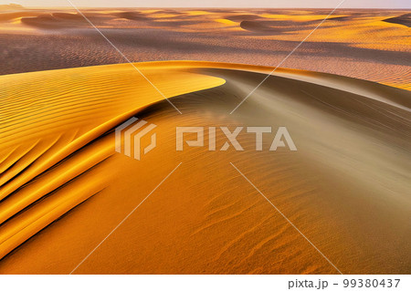 Illustration of a desert landscape with gently rolling sand dunes, made with generative AI 99380437