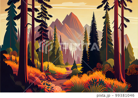 view of the mountains through the forest. forest landscape. . Generative AI 99381046
