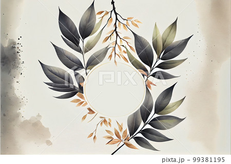 gray watercolor leaves on a light background. Generative AI 99381195