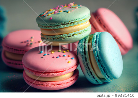 French macaron cookies close-up. 3d illustration. Generative AI 99381410