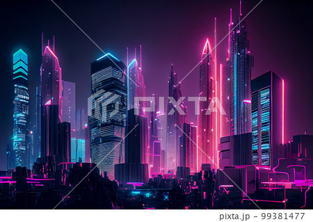 futuristic background. neon city of the future. 3d illustration. Generative AI futuristic background. neon city of the future. 3d illustration. Generative AI 99381477