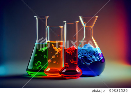 chemical flasks with colorful liquids. 3d illustration. Generative AI chemical flasks with colorful liquids. 3d illustration. Generative AI 99381526