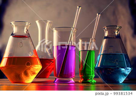 chemical flasks with colorful liquids. 3d illustration. Generative AI 99381534