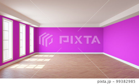 Empty Interior of the Room with Pink Walls, Three Windows, White Ceiling Cornice, Glossy Herringbone Parquet Floor and a White Plinth. 3D render with a Work Path on the Window. 8K Ultra HD, 7680x4320 Empty Interior of the Room with Pink Walls, Three Windows, White Ceiling Cornice, Glossy Herringbone Parquet Floor and a White Plinth. 3D render with a Work Path on the Window. 8K Ultra HD, 7680x4320 99382985
