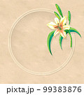 Background with watercolor lily in a round frame on vintage paper 99383876