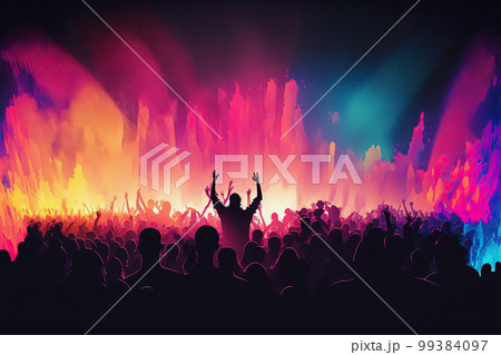 Silhouette of people raise hand up in concert or music festival, crowd of fans, rock concert, night club. AI Silhouette of people raise hand up in concert or music festival, crowd of fans, rock concert, night club. AI 99384097