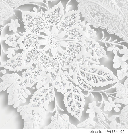 Retro white lace pattern with flowers. Elegant monochrome fabric design 99384102