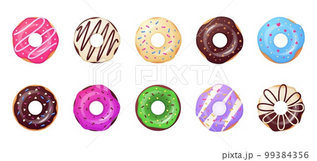 Sweet donut, candy chocolate vanilla and berry food with topping. Round gift dessert, breakfast decoration, present snack. Colorful pastry 3d isolated elements. Vector realistic recent illustration 99384356