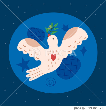 Dove with olive branch. Peace bird. Simple collage. Scandinavian doodle folk winged animal. World Day card. Retro cutout Scandi humor flying pigeon. Faith and hope. Vector abstract utter illustration 99384372