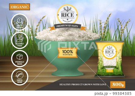 3D rice. Cereal crop. Natural Thailand package. Sketch of basmat. Vietnam fields food product. Organic white nature harvest. Full bowl. Agriculture landscape. Vector exact advertising banner design 3D rice. Cereal crop. Natural Thailand package. Sketch of basmat. Vietnam fields food product. Organic white nature harvest. Full bowl. Agriculture landscape. Vector exact advertising banner design 99384385