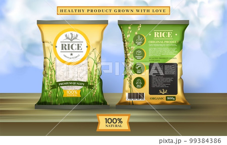 Thai jasmine rice. 3D packaging for solid food products. Organic dessert or fresh eat logo. Natural Thailand grain label design. Seeds pack. Vegan nutrition. Vector exact realistic package template 99384386