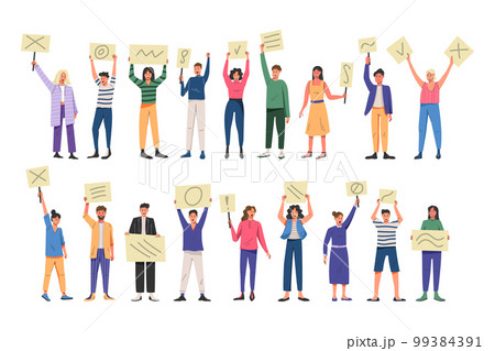 Protester people, crowd with banners. Male and female persons holding blank placard posters, protest groups, modern political characters. Vector garish cartoon flat style isolated illustration set Protester people, crowd with banners. Male and female persons holding blank placard posters, protest groups, modern political characters. Vector garish cartoon flat style isolated illustration set 99384391