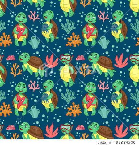 Ocean animals. Swimming turtle pattern. Green and blue sea underwater nature. Happy tortoise with starfish and octopus. Home in water. Marine corals and seaweeds. Vector tidy seamless illustration 99384500