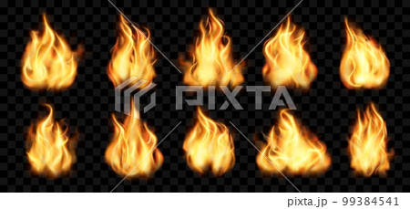 Realistic fire. Burn effect with red flare. Torch blaze. Bonfire light. Orange flame with spark and smoke. Isolated campfire or fireball. Hot hell elements set. Vector transparent neoteric background 99384541