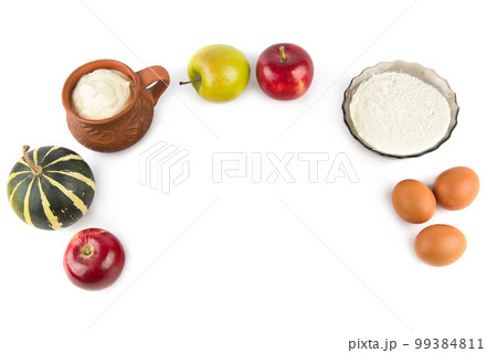 Products, baking ingredients isolated on white background. Free space for text. 99384811