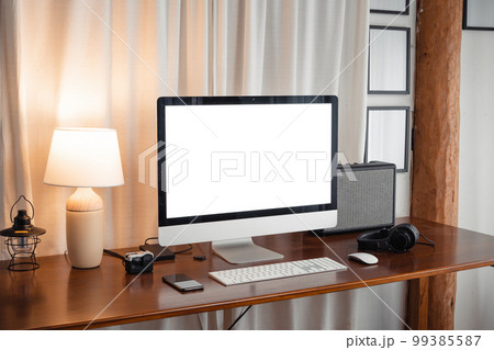 Computer  and Laptop  on the desk mock up at home office 99385587
