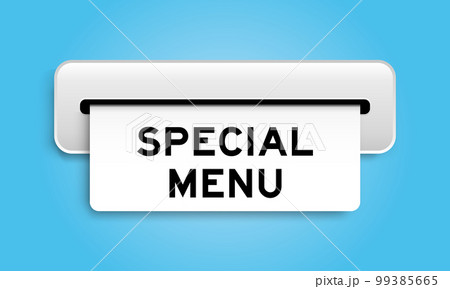White coupon banner with word special menu from machine on blue color background White coupon banner with word special menu from machine on blue color background 99385665