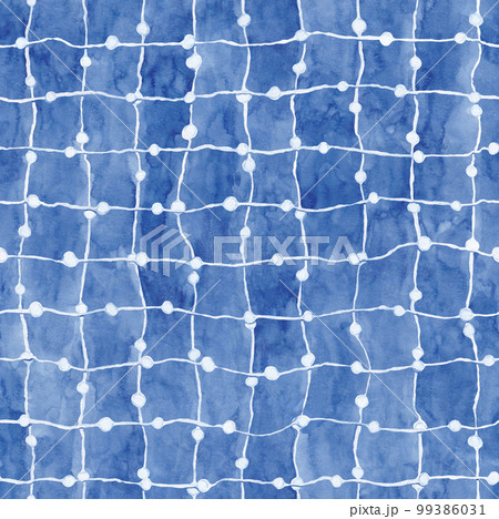 Hand drawn watercolor painting wavy seamless pattern. Blue colored grid background.  99386031