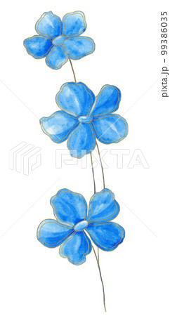 Isolated bright blue floral design elements. Abstract three blue flowers with gold contour on white background. Isolated bright blue floral design elements. Abstract three blue flowers with gold contour on white background. 99386035