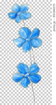 Isolated bright blue floral design elements. Abstract three blue flowers with gold contour on white background. Isolated bright blue floral design elements. Abstract three blue flowers with gold contour on white background. 99386035