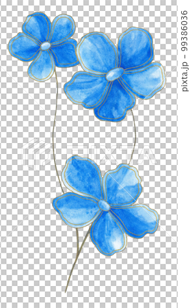 Isolated blue floral design elements. Three blue flowers with gold contour on white background. Isolated blue floral design elements. Three blue flowers with gold contour on white background. 99386036