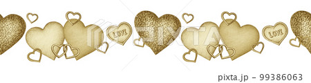 Festive Valentine's day seamless borders with yellow golden colored hearts on a white background. Festive Valentine's day seamless borders with yellow golden colored hearts on a white background. 99386063