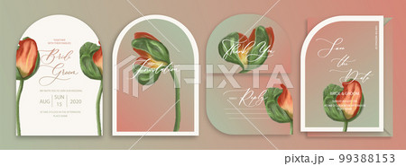 Luxury arch wedding invitation card background with watercolor botanical poppy. Abstract floral art background vector design for wedding and vip cover template. 99388153