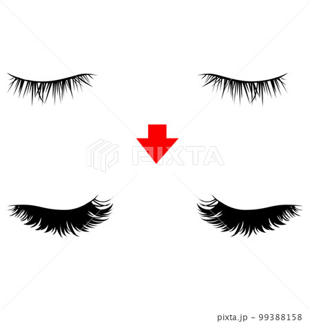 目元　眉毛のつける前とつけた後のイラスト　エクステンション　つけまつげのベクター 99388158