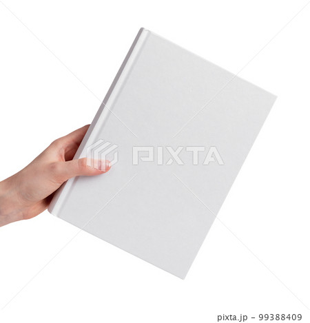 Hand holding book mockup isolated on white background. Education, reading, intellectual development, preparation for exams concept. 99388409