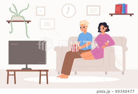 Young couple watch tv together in living room. Teenagers or adults date, student rest on sofa at evening. Home cinema with popcorn in snugly room vector scene 99388477