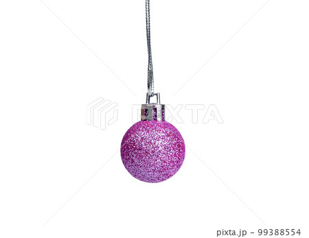 Glitter Christmas ball, bauble hanging on string. Xmas ornament isolated on white background Glitter Christmas ball, bauble hanging on string. Xmas ornament isolated on white background 99388554
