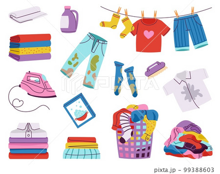 Dirty and clean laundry, stains on children clothes in wash basket. Smelly sock, messy pants and shirt. Cartoon cloth on rope, decent vector clipart 99388603
