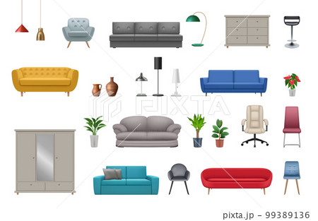 Realistic furniture. Sofas chairs wooden modern wardrobe beds decent vector templates set 99389136