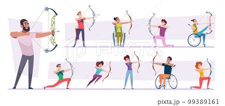 Archers. Disability sport characters shooting to aim exact vector people in cartoon style 99389161