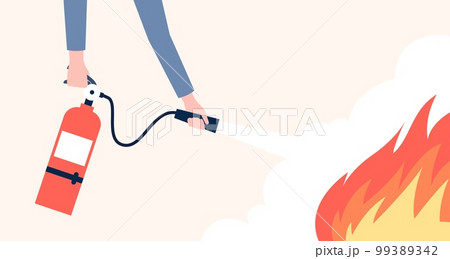 Extinguish fire poster. Emergency situations, man hands hold extinguisher. Safety prevention training or alarm recent vector flat poster 99389342
