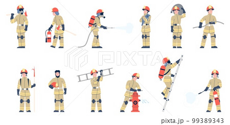 Firefighters flat characters with equipment. Fireman in uniform, emergency professional service. Fires safety, rescue tools recent vector set 99389343