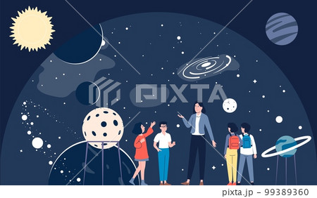Excursion to the planetarium, astronomy lesson teacher in cosmonautics museum. School kids group study universe and planets recent vector scene 99389360