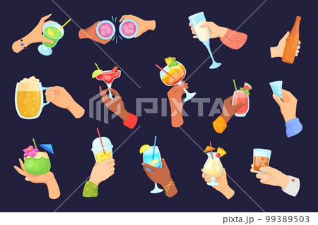 Hands holding cocktails. Hand hold alcohol drinks beverages for birthday toast celebrate, wine glass champagne cup martini whiskey vodka, cocktail ingredients vector illustration Hands holding cocktails. Hand hold alcohol drinks beverages for birthday toast celebrate, wine glass champagne cup martini whiskey vodka, cocktail ingredients vector illustration 99389503