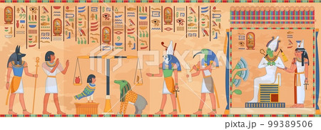 Egyptian mural. Egypt temple religious fresco, ethnic ancient murals antiquity art wall antique mythology hieroglyph ornament frame death borderwall ingenious vector illustration 99389506