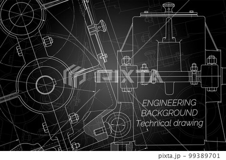 Mechanical engineering drawings on black background. Reducer. Technical Design. Cover. Blueprint. Vector illustration. Mechanical engineering drawings on black background. Reducer. Technical Design. Cover. Blueprint. Vector illustration. 99389701