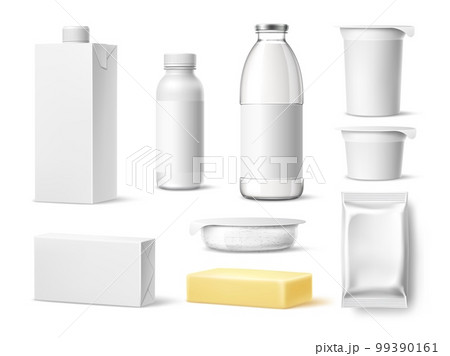 Realistic milk products. Dairy food and drinks. Different blank white packaging plastic, glass and cardboard, yogurt, butter and cottage cheese, 3d isolated elements, utter vector mockup set Realistic milk products. Dairy food and drinks. Different blank white packaging plastic, glass and cardboard, yogurt, butter and cottage cheese, 3d isolated elements, utter vector mockup set 99390161
