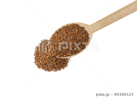 Rooibos tea medium cut on wooden spoon isolated on white background. Rooibos in latin Aspalathus linearis. herb. herbal tea. food ingredient. Rooibos tea medium cut on wooden spoon isolated on white background. Rooibos in latin Aspalathus linearis. herb. herbal tea. food ingredient. 99390325