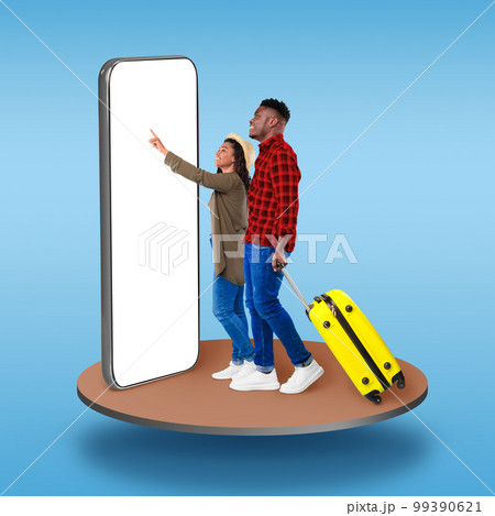 Stylish couple tourists using big phone with blank screen, collage 99390621