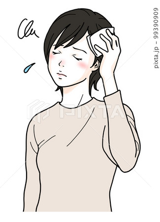 汗かきで悩む女性　汗を拭う女性のイラスト 99390909
