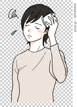 汗かきで悩む女性　汗を拭う女性のイラスト 99390909