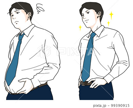 お腹周りを気にする男性のビフォーアフターのイラスト お腹周りを気にする男性のビフォーアフターのイラスト 99390915