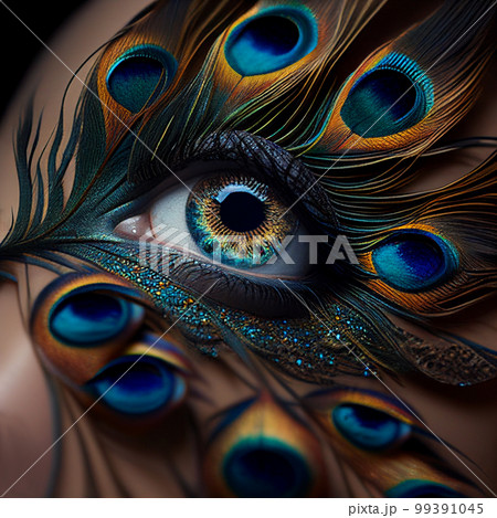 Human eye with peacock feathers glued to the eyelashes, close-up, unusual beauty design, Mike-up. For advertising make-up studios 99391045