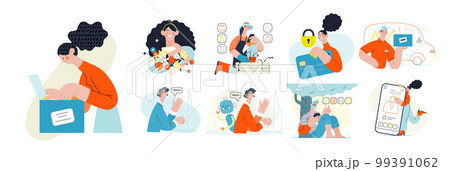 Online shopping and electronic commerce illustrations set - modern flat vector concept illustration of people and objects on online shopping. Promotion, discounts, sale and online orders concept 99391062