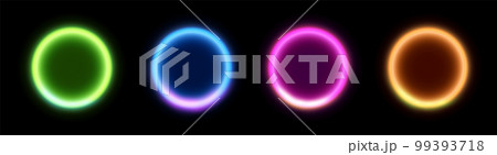 Neon light circle ring. Purple glow laser neon round vector effect circle frame background 99393718