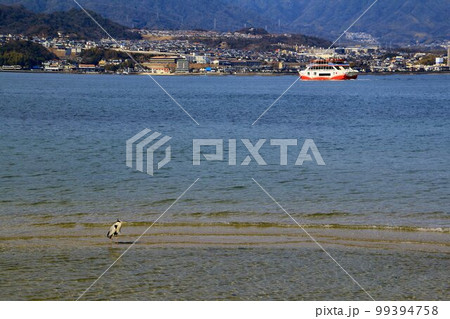 安芸の宮島の砂浜越しに眺める… 宮島フェリー 99394758